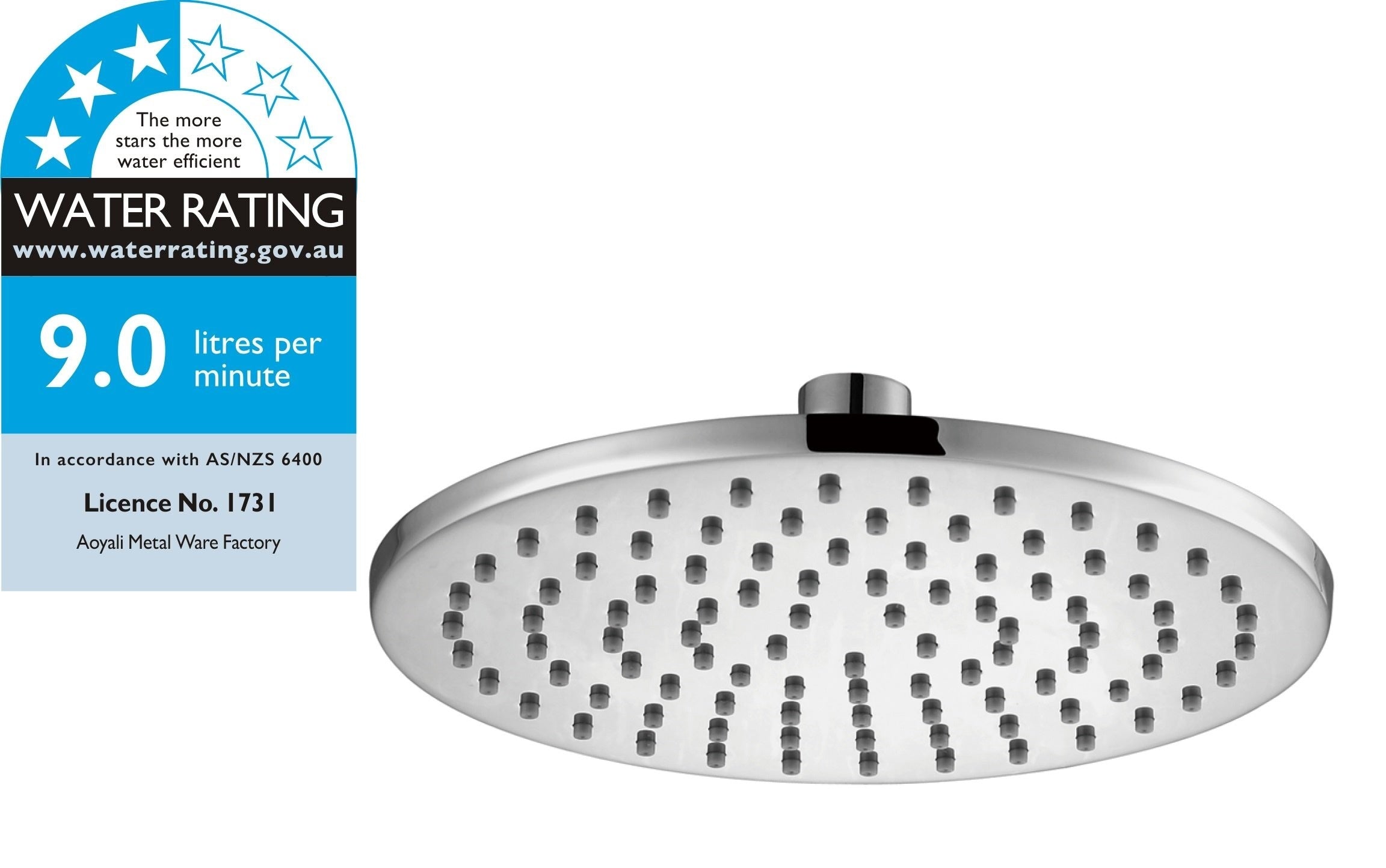 200mm Round Chrome Showerhead with a sleek stainless steel design and high gloss finish, showcasing its minimalist style and water-saving features.