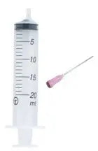 A 20ml plastic syringe with a blunt needle, designed for refilling inkjet cartridges, individually packaged and sealed.