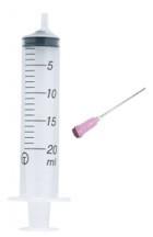 A 20ml plastic syringe with a blunt needle, designed for refilling inkjet cartridges, individually packaged and sealed.