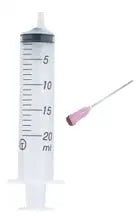 A 20ml plastic syringe with a sharp needle, individually packaged and sealed, designed for inkjet cartridge refilling.