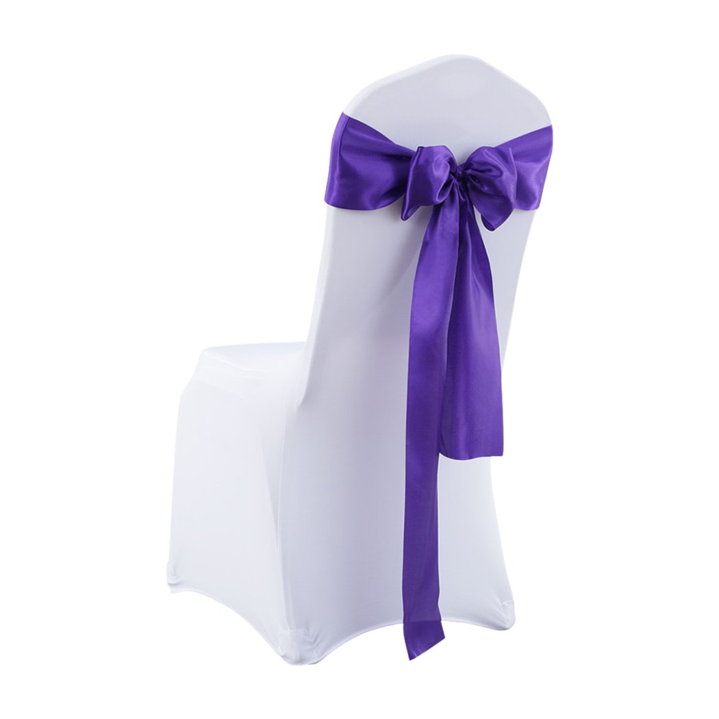 20 satin chair sashes in various colors elegantly draped over chairs, showcasing their luxurious fabric and versatility for event decoration.