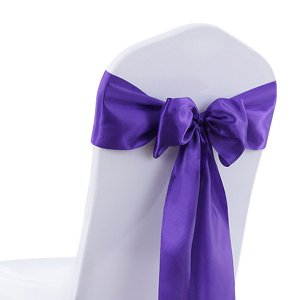 20 satin chair sashes in various colors elegantly draped over chairs, showcasing their luxurious fabric and versatility for event decoration.