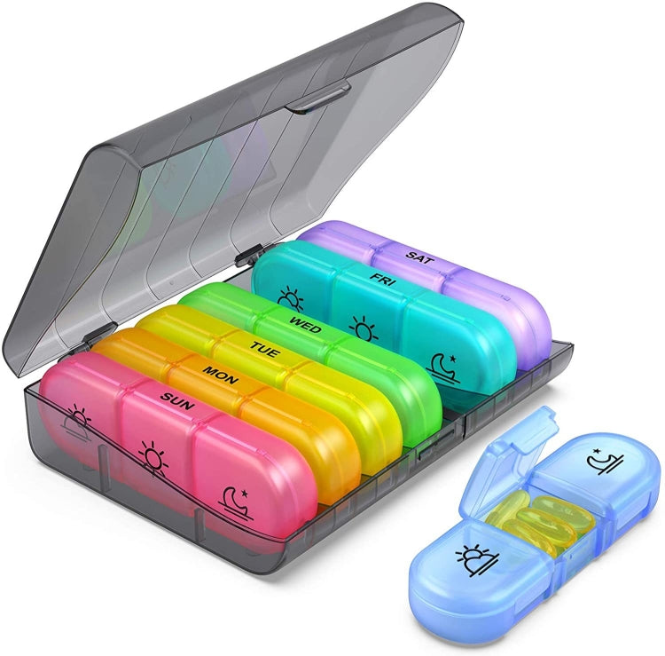 21-compartment Rainbow Pill Box in gray and colorful design, ideal for weekly medication organization.