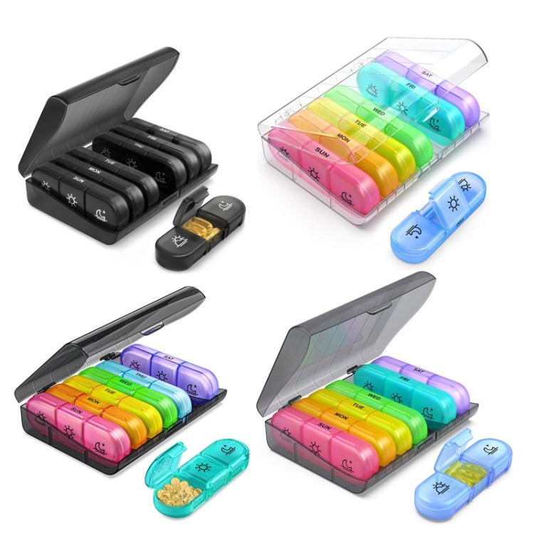 21-compartment Rainbow Pill Box in gray and colorful design, ideal for weekly medication organization.