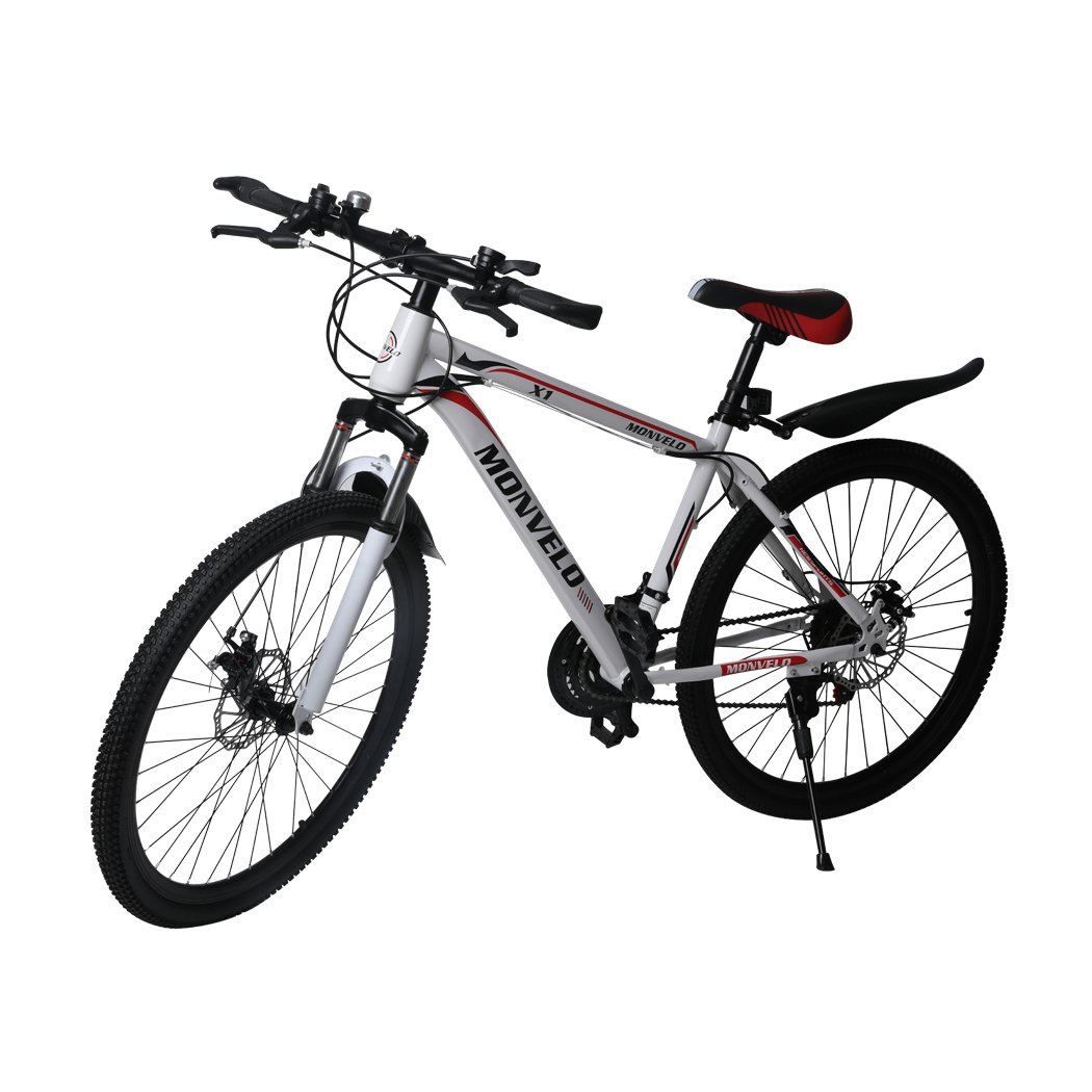 21-Speed Mountain Bicycle with dual disc brakes and front suspension, showcasing a sleek carbon steel frame and ergonomic saddle.