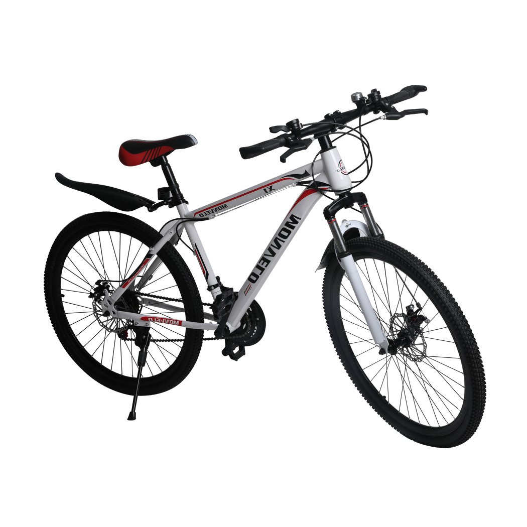 21-Speed Mountain Bicycle with dual disc brakes and front suspension, showcasing a sleek carbon steel frame and ergonomic saddle.