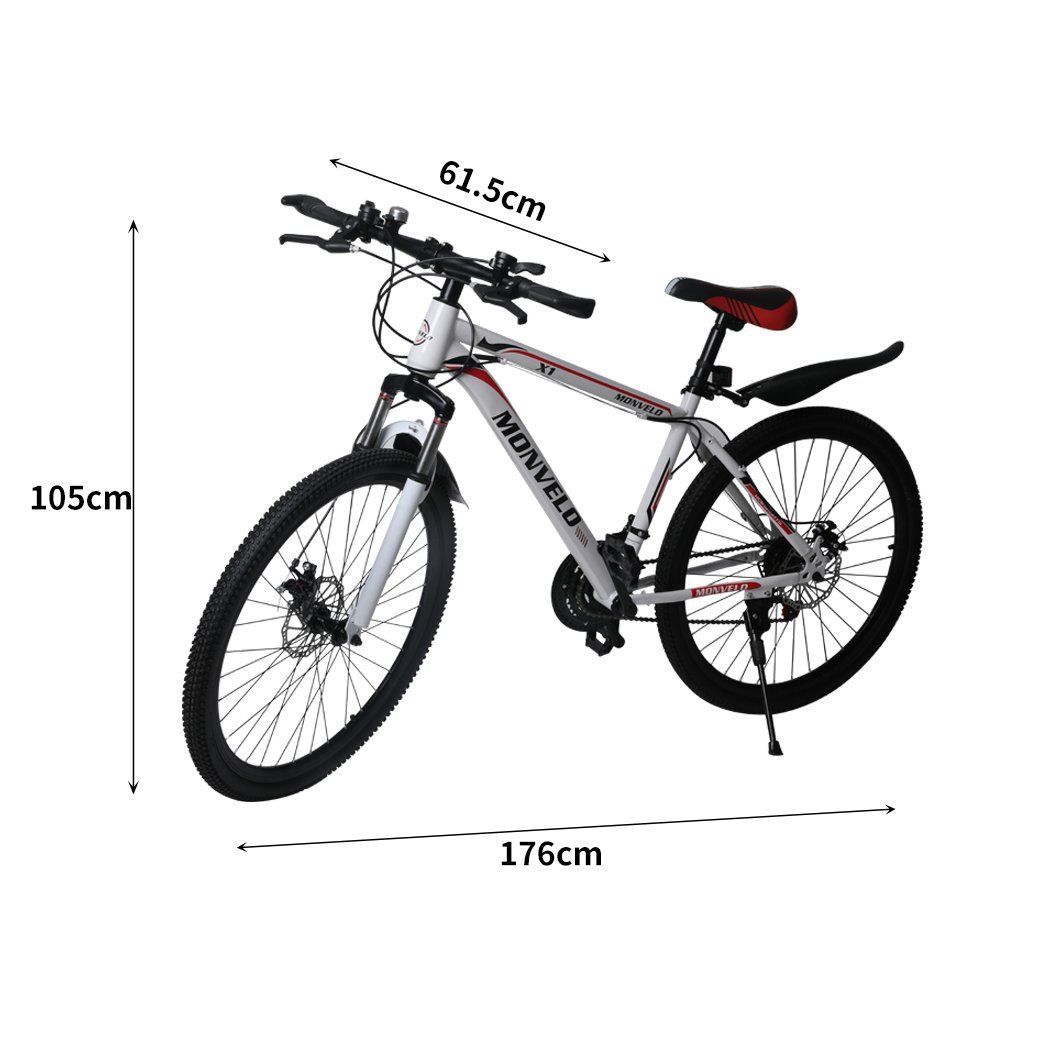 21-Speed Mountain Bicycle with dual disc brakes and front suspension, showcasing a sleek carbon steel frame and ergonomic saddle.