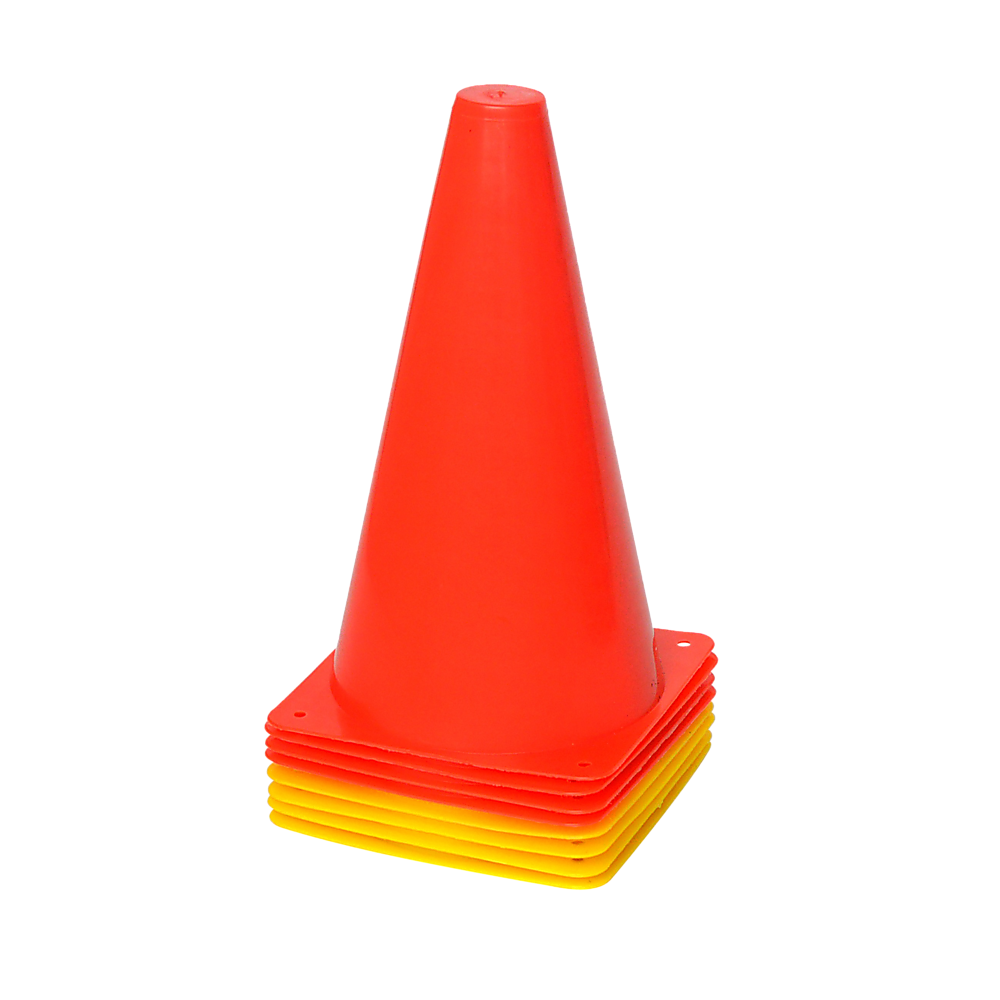 A set of 230mm training cones in yellow and orange, featuring a stable witch's hat design, ideal for football and rugby training.