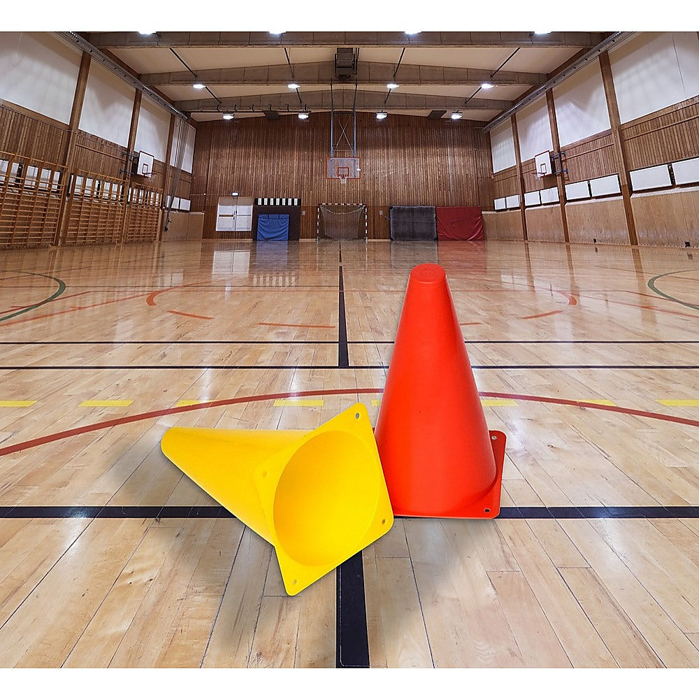 A set of 230mm training cones in yellow and orange, featuring a stable witch's hat design, ideal for football and rugby training.