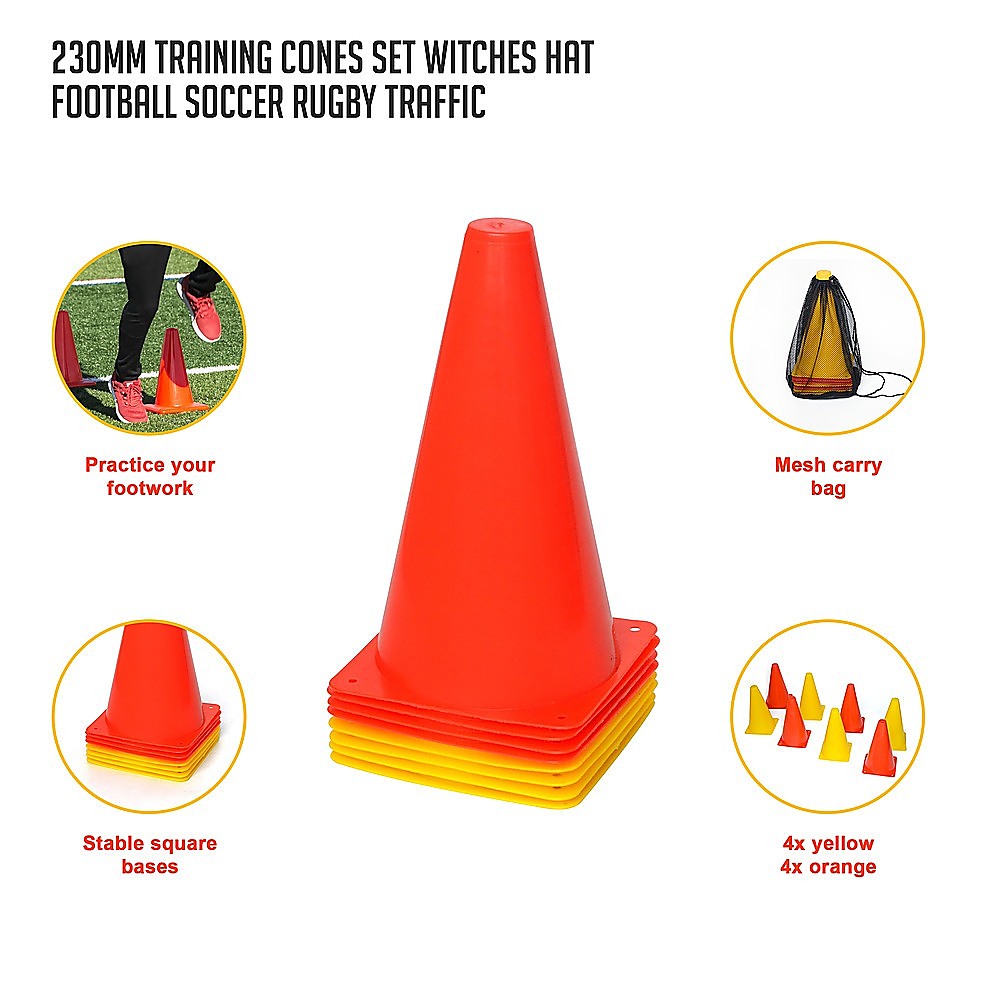 A set of 230mm training cones in yellow and orange, featuring a stable witch's hat design, ideal for football and rugby training.