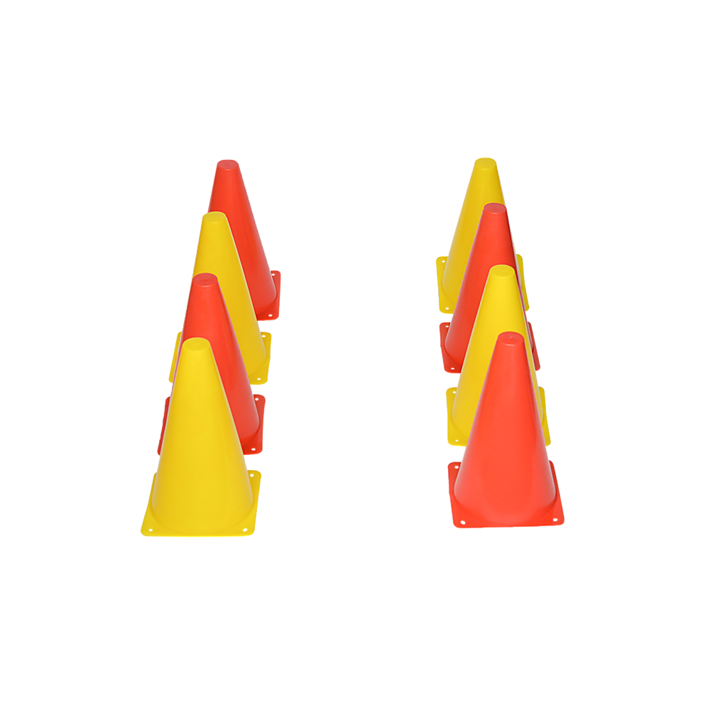 A set of 230mm training cones in yellow and orange, featuring a stable witch's hat design, ideal for football and rugby training.