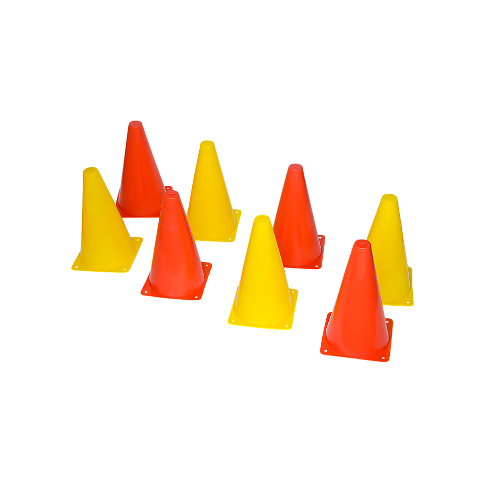 A set of 230mm training cones in yellow and orange, featuring a stable witch's hat design, ideal for football and rugby training.