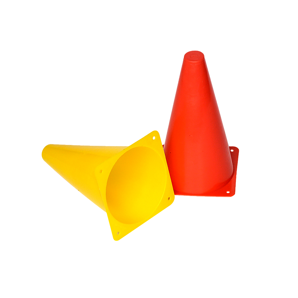 A set of 230mm training cones in yellow and orange, featuring a stable witch's hat design, ideal for football and rugby training.