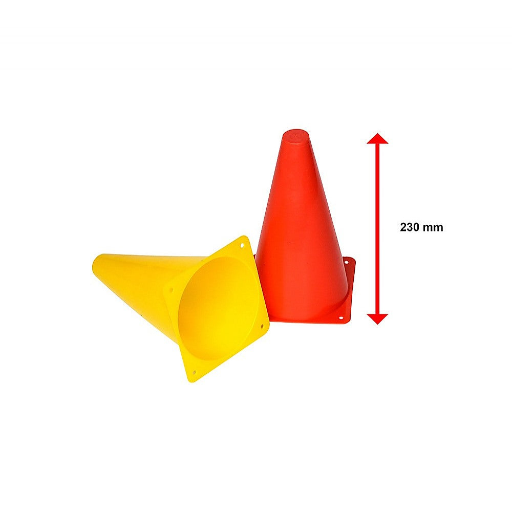 A set of 230mm training cones in yellow and orange, featuring a stable witch's hat design, ideal for football and rugby training.