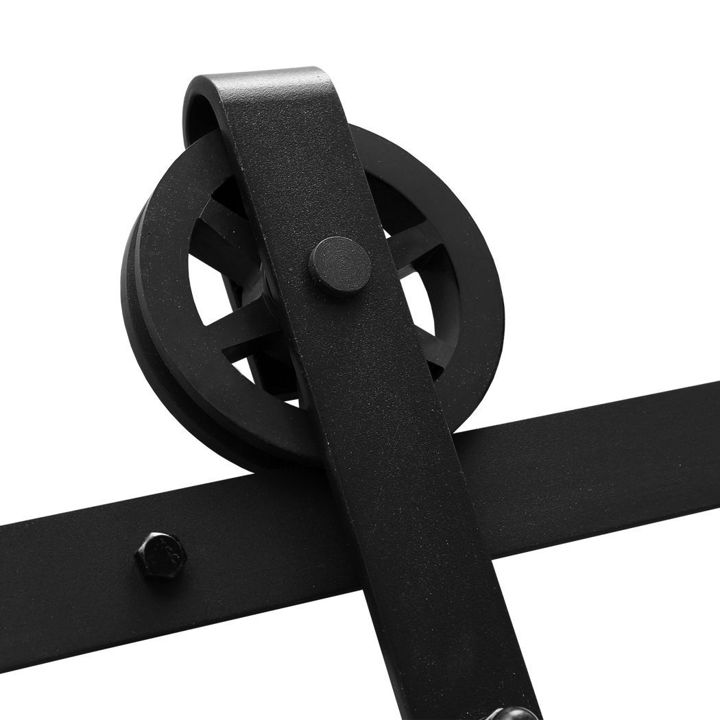 2.44M Antique Classic Style Double Sliding Barn Door Hardware Track featuring heavy-duty carbon steel construction and black powder-coated finish.