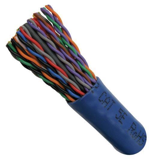 A 25 Pair Cat5e 500m roll of premium quality ethernet cable, showcasing its 100% copper construction and UTP suitability.