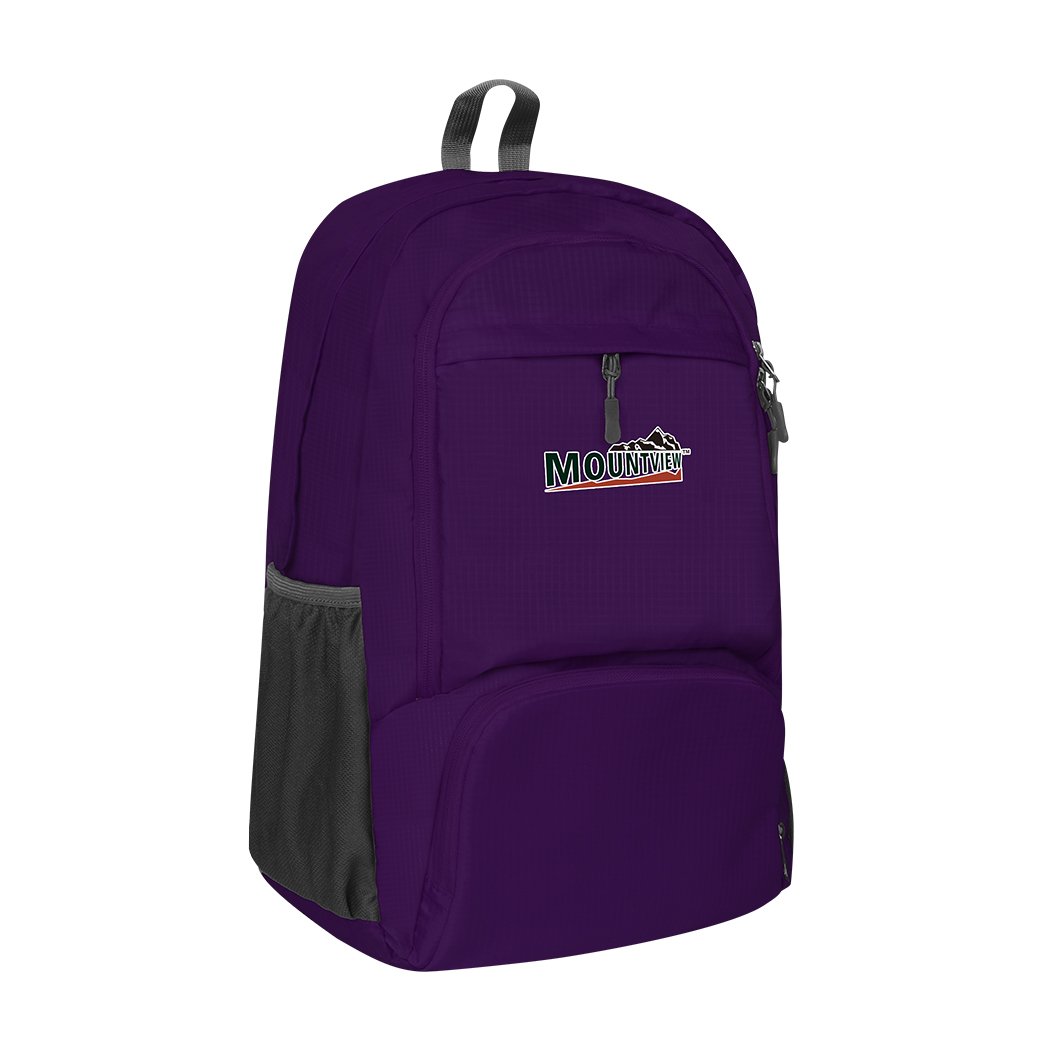 25L Travel Backpack in purple, showcasing its foldable design and multiple compartments, ideal for camping and hiking.