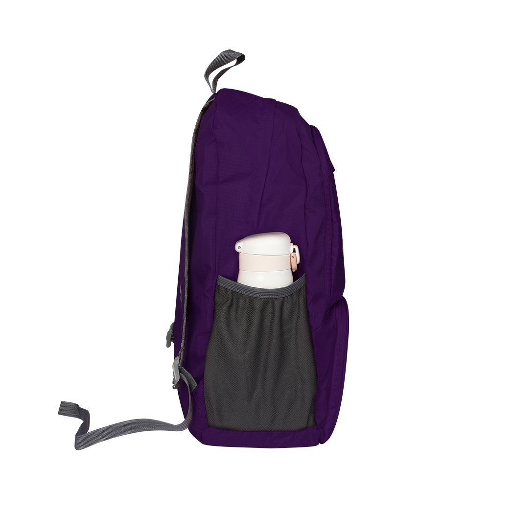 25L Travel Backpack in purple, showcasing its foldable design and multiple compartments, ideal for camping and hiking.