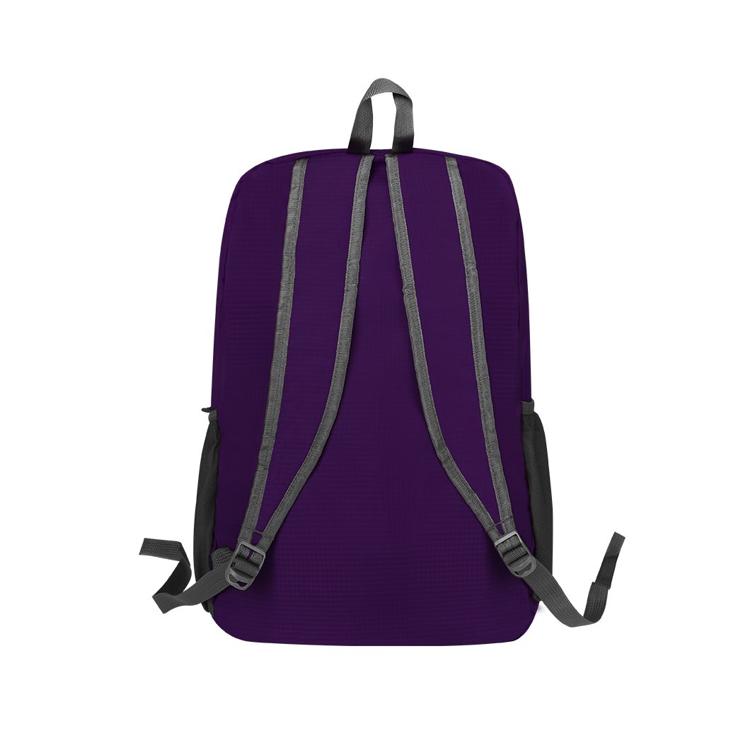 25L Travel Backpack in purple, showcasing its foldable design and multiple compartments, ideal for camping and hiking.