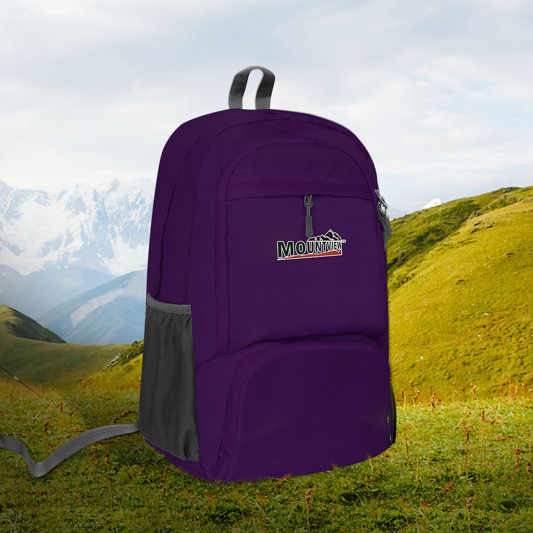 25L Travel Backpack in purple, showcasing its foldable design and multiple compartments, ideal for camping and hiking.