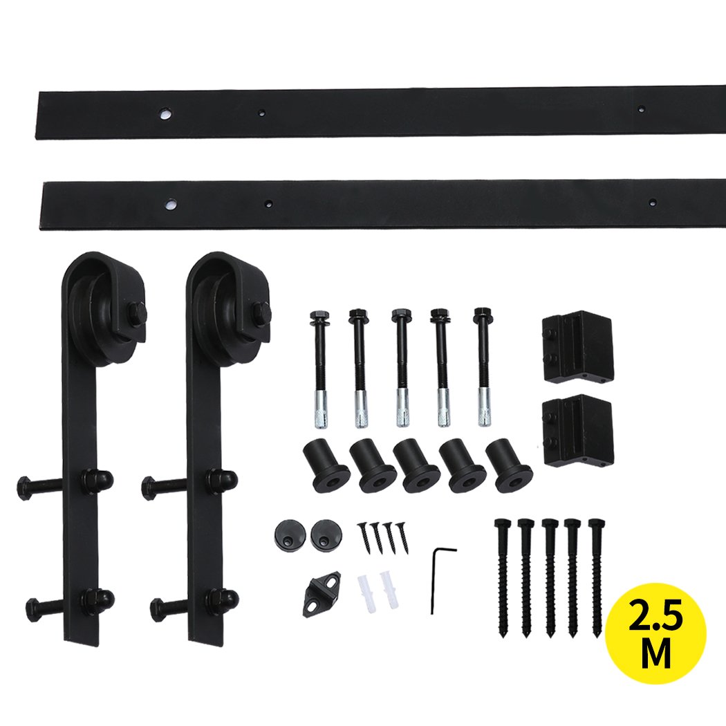 2.5M Antique Classic Style Single Sliding Barn Door Hardware Track featuring black powder-coated carbon steel construction and smooth nylon wheels.