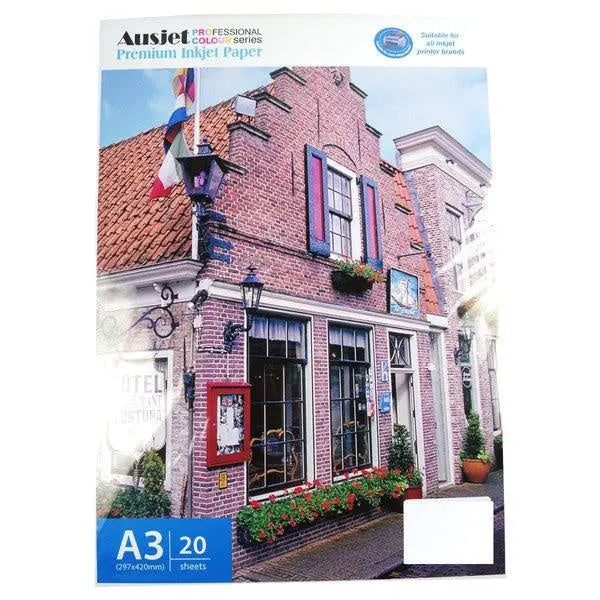 A pack of 20 sheets of 260gsm A3 RC glossy photo paper, showcasing its high-quality glossy finish and dimensions.