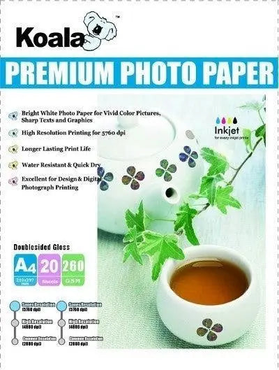 A stack of 20 sheets of 260gsm A4 double-sided high gloss photo paper, showcasing its glossy finish and thickness.