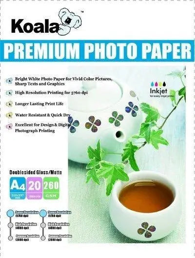 260gm A4 double-sided photo paper with high gloss and matte finishes, showcasing vibrant prints and a sturdy design.