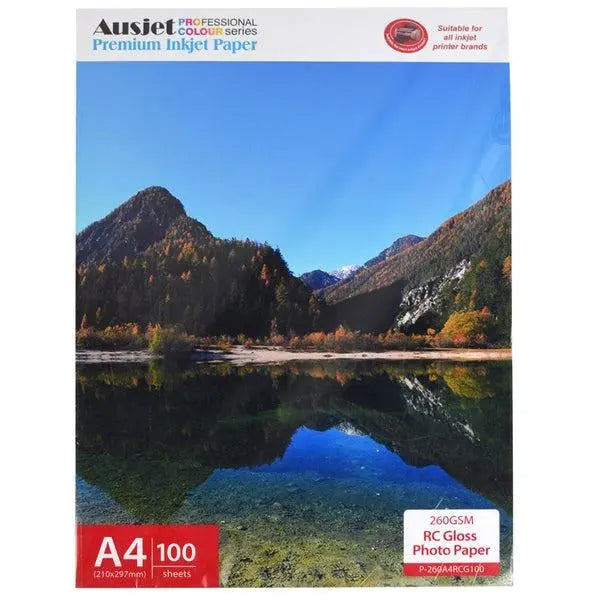 A stack of 100 sheets of 260gsm A4 RC Gloss Photo Paper, showcasing its glossy finish and high-quality texture, ideal for vibrant photo printing.