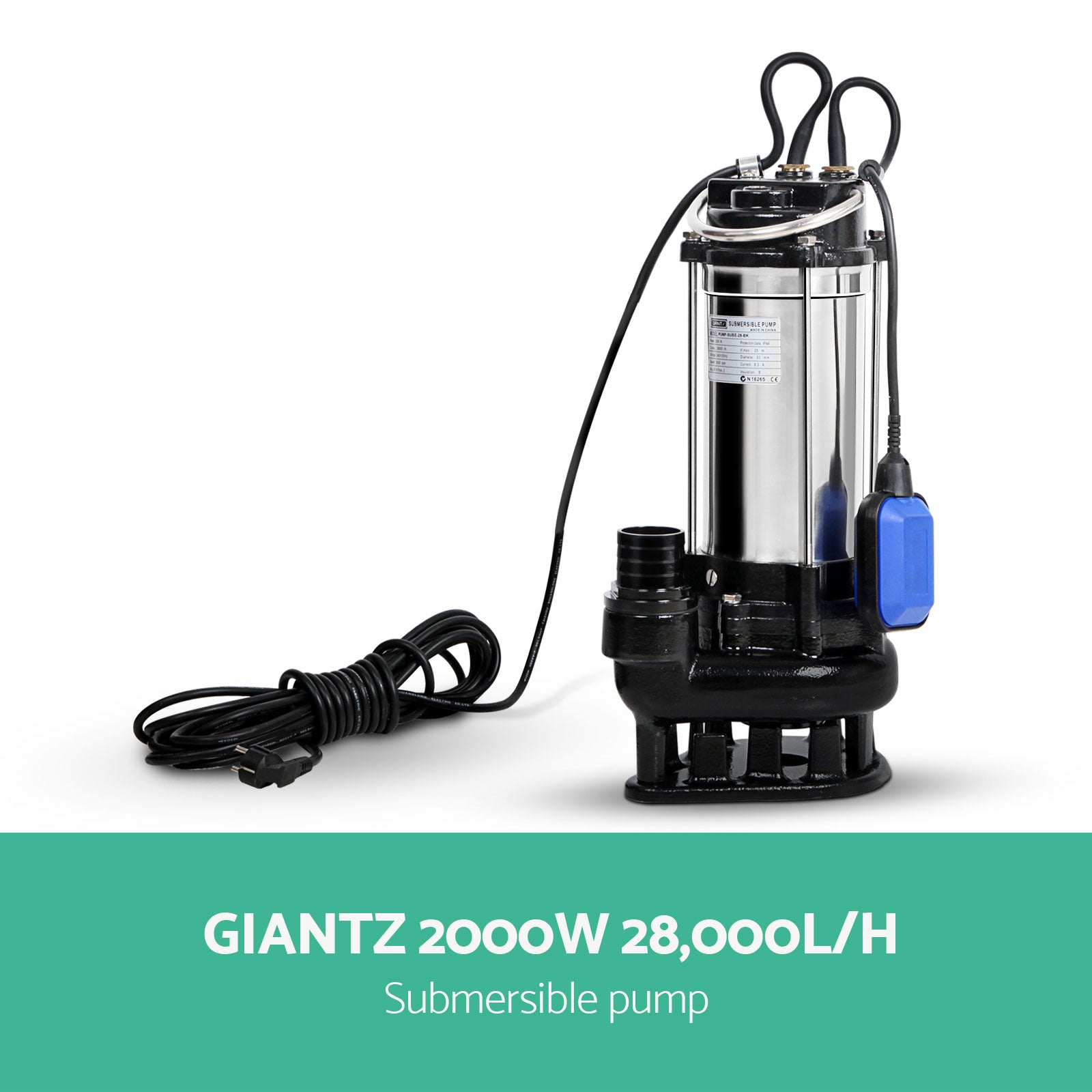 Giantz 2.7HP Submersible Dirty Water Pump with stainless steel body and heavy-duty handle, ideal for draining water.