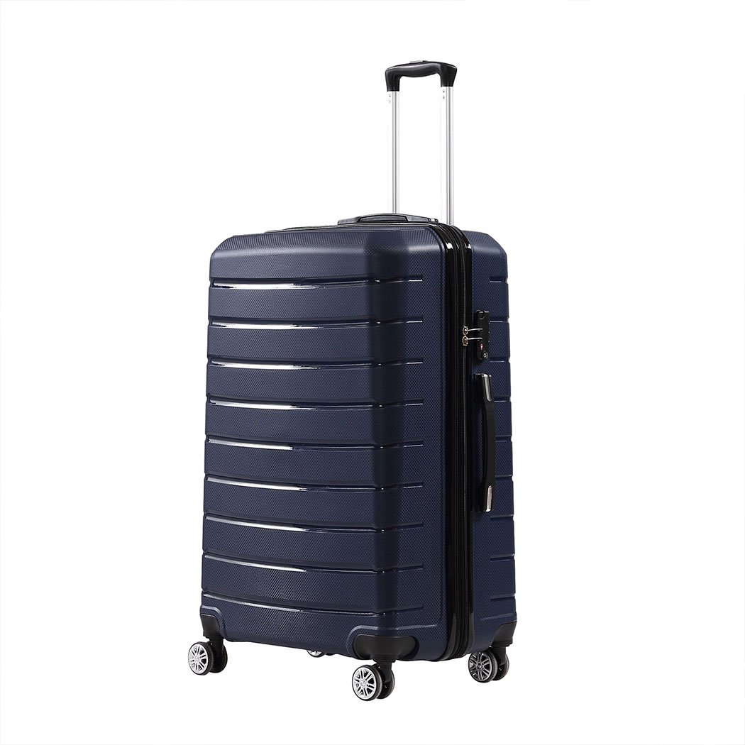 28-inch navy travel luggage suitcase with dual wheels and TSA-approved lock, perfect for business and leisure trips.