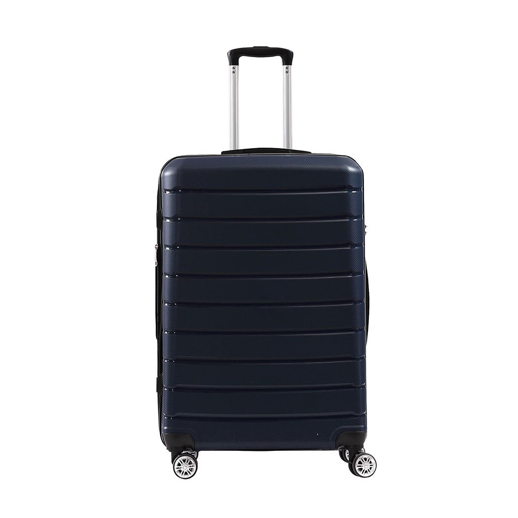 28-inch navy travel luggage suitcase with dual wheels and TSA-approved lock, perfect for business and leisure trips.