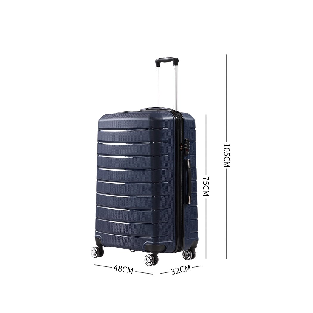 28-inch navy travel luggage suitcase with dual wheels and TSA-approved lock, perfect for business and leisure trips.