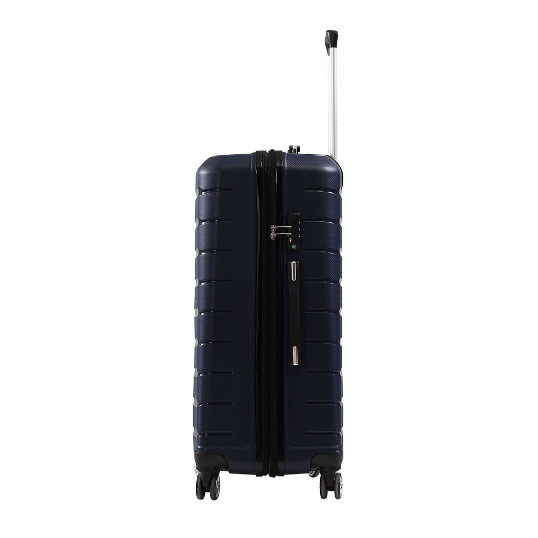 28-inch navy travel luggage suitcase with dual wheels and TSA-approved lock, perfect for business and leisure trips.