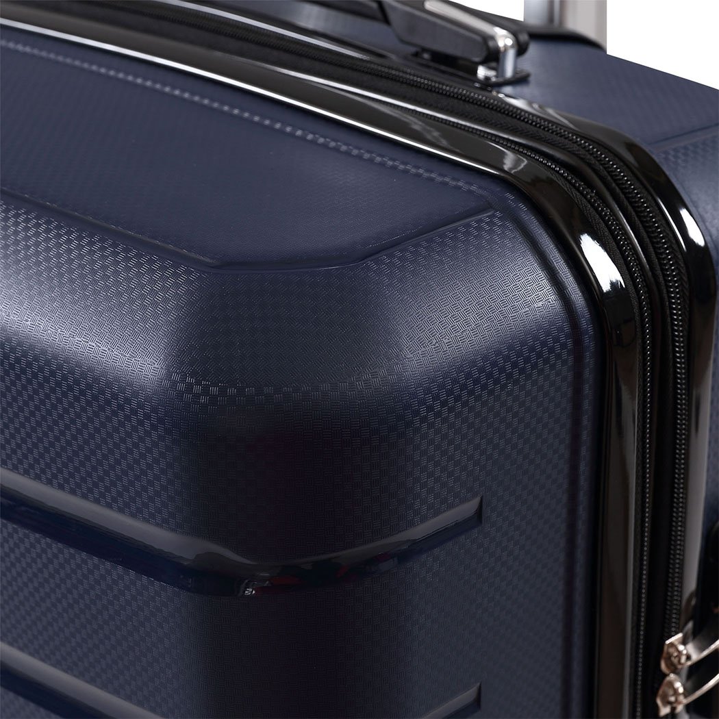 28-inch navy travel luggage suitcase with dual wheels and TSA-approved lock, perfect for business and leisure trips.