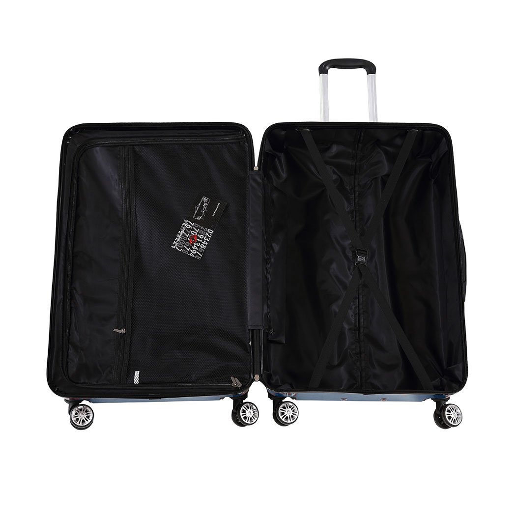 28-inch navy travel luggage suitcase with dual wheels and TSA-approved lock, perfect for business and leisure trips.