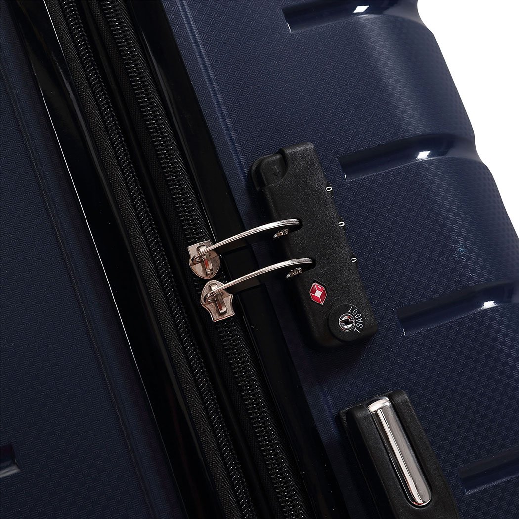 28-inch navy travel luggage suitcase with dual wheels and TSA-approved lock, perfect for business and leisure trips.