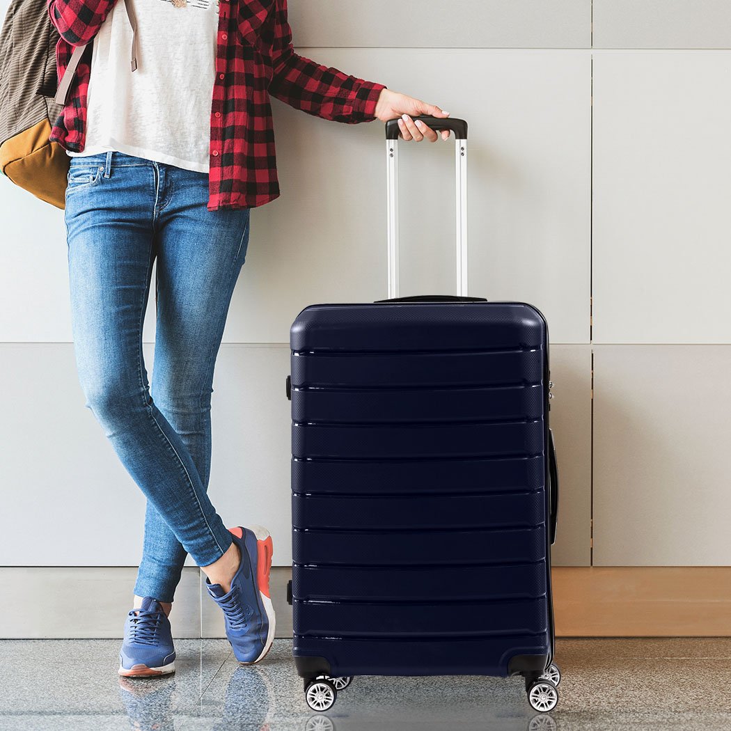 28-inch navy travel luggage suitcase with dual wheels and TSA-approved lock, perfect for business and leisure trips.