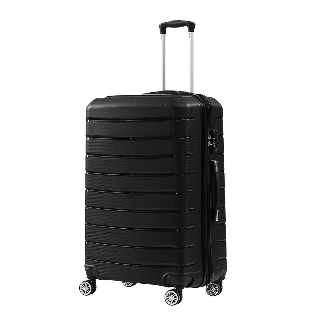 28-inch lightweight travel luggage suitcase with expandable features, TSA-approved lock, and dual wheels in black color.