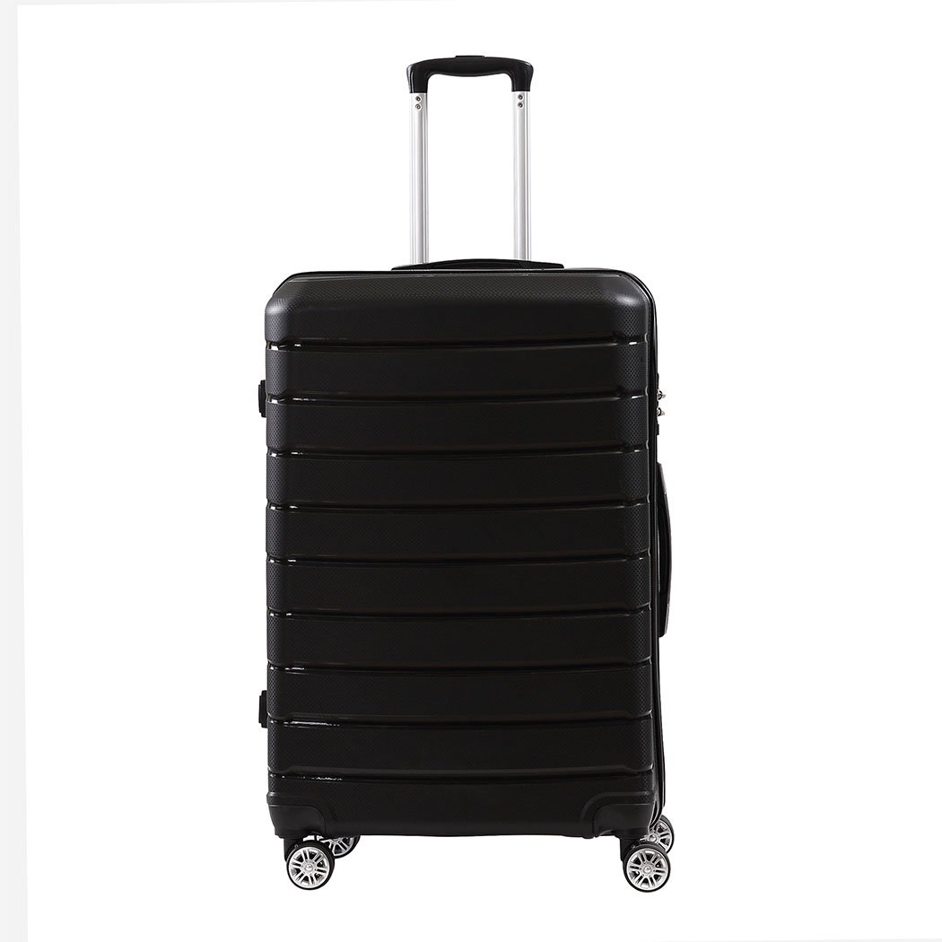 28-inch lightweight travel luggage suitcase with expandable features, TSA-approved lock, and dual wheels in black color.