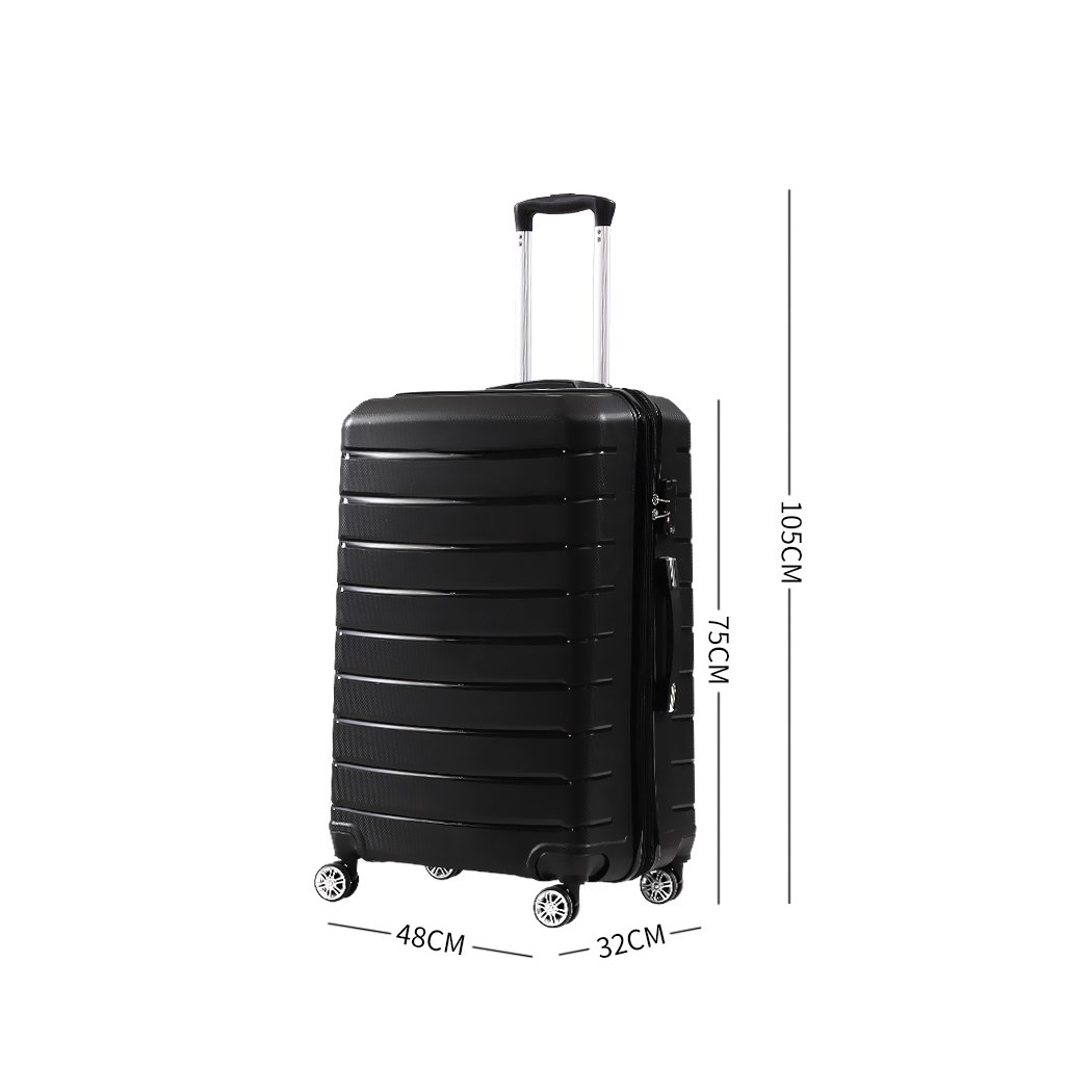 28-inch lightweight travel luggage suitcase with expandable features, TSA-approved lock, and dual wheels in black color.