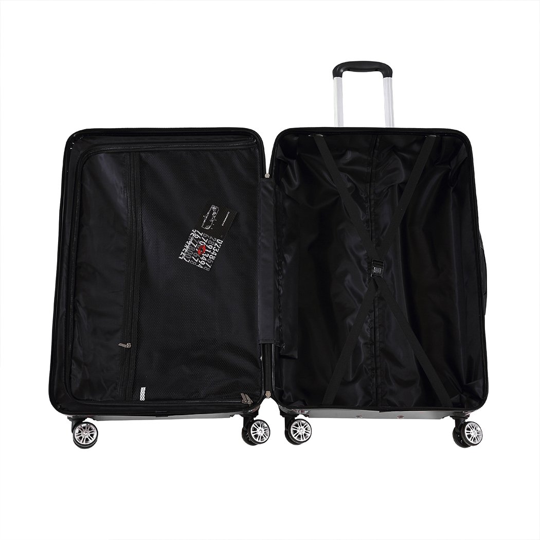 28-inch lightweight travel luggage suitcase with expandable features, TSA-approved lock, and dual wheels in black color.