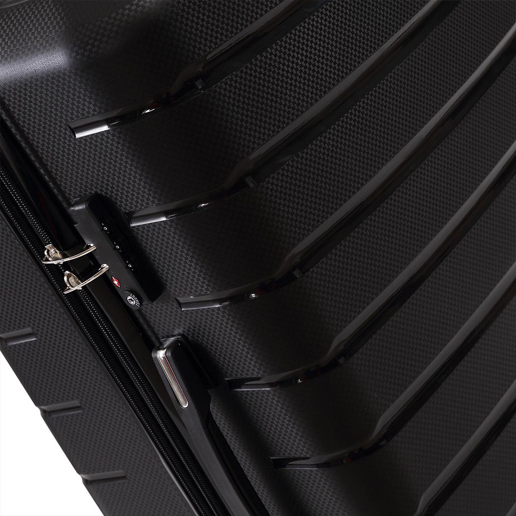 28-inch lightweight travel luggage suitcase with expandable features, TSA-approved lock, and dual wheels in black color.