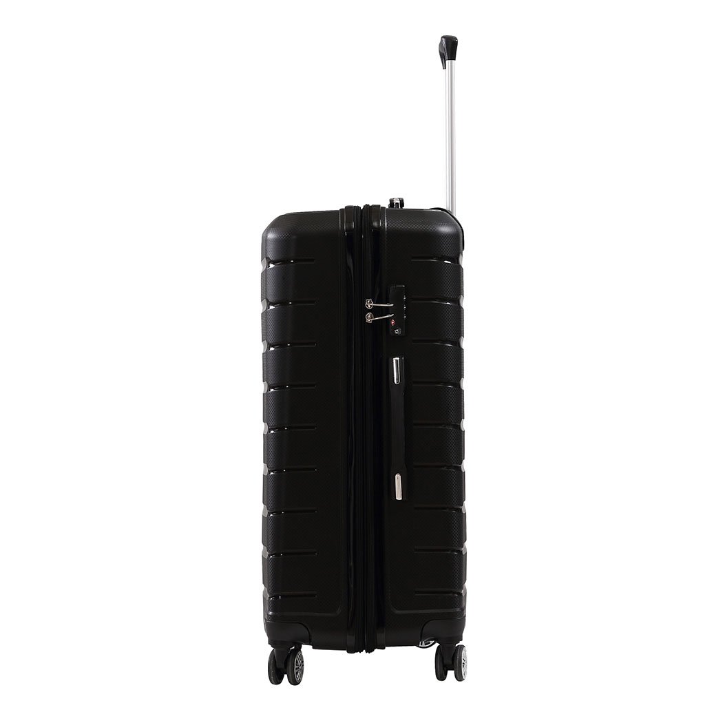 28-inch lightweight travel luggage suitcase with expandable features, TSA-approved lock, and dual wheels in black color.