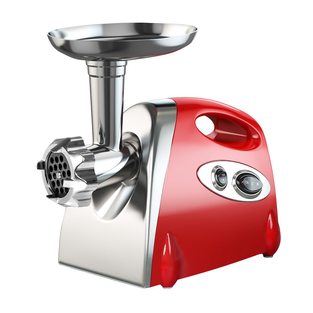 2800W Electric Meat Grinder in red with sausage funnel and kibbe attachment, showcasing its sleek stainless steel design and various components.