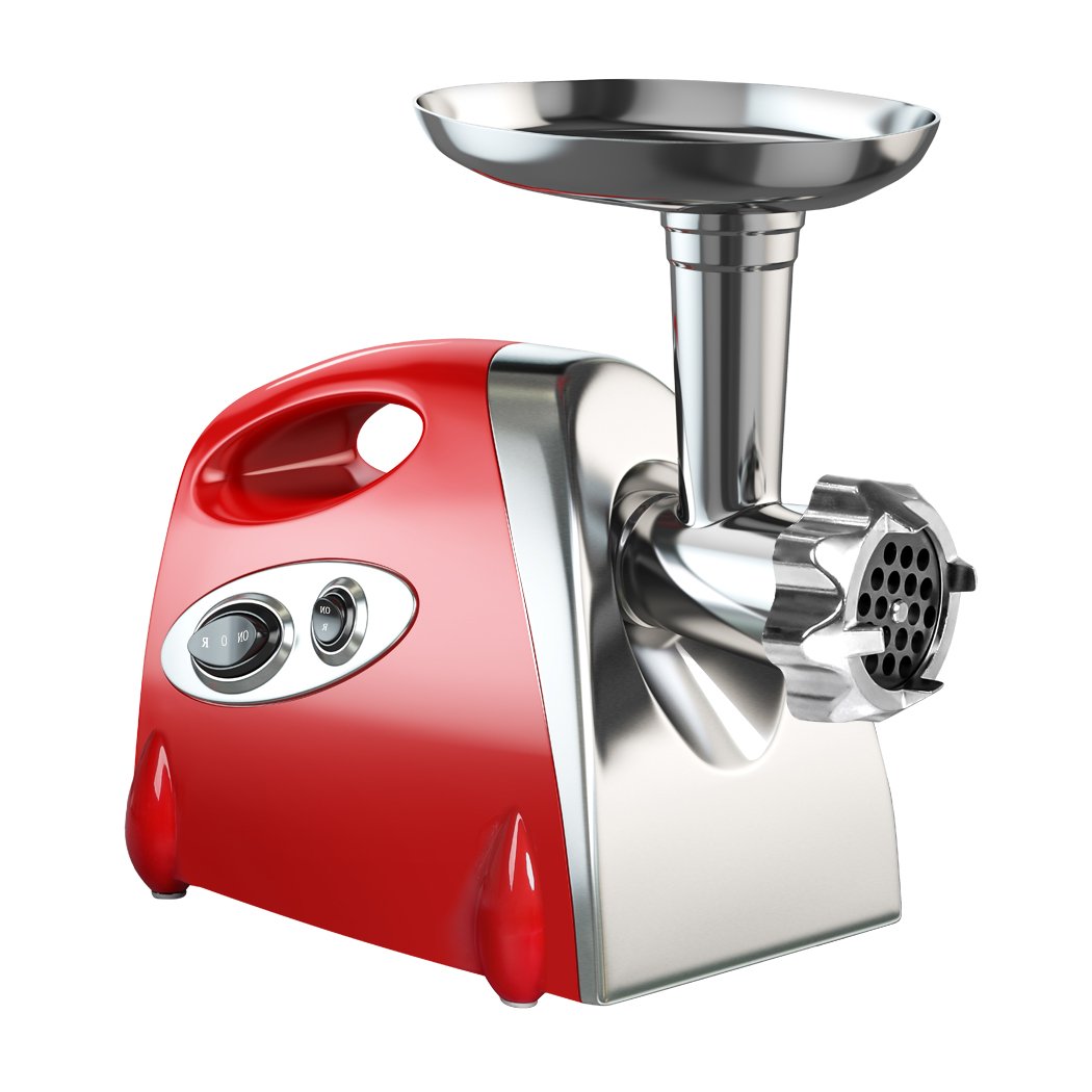 2800W Electric Meat Grinder in red with sausage funnel and kibbe attachment, showcasing its sleek stainless steel design and various components.