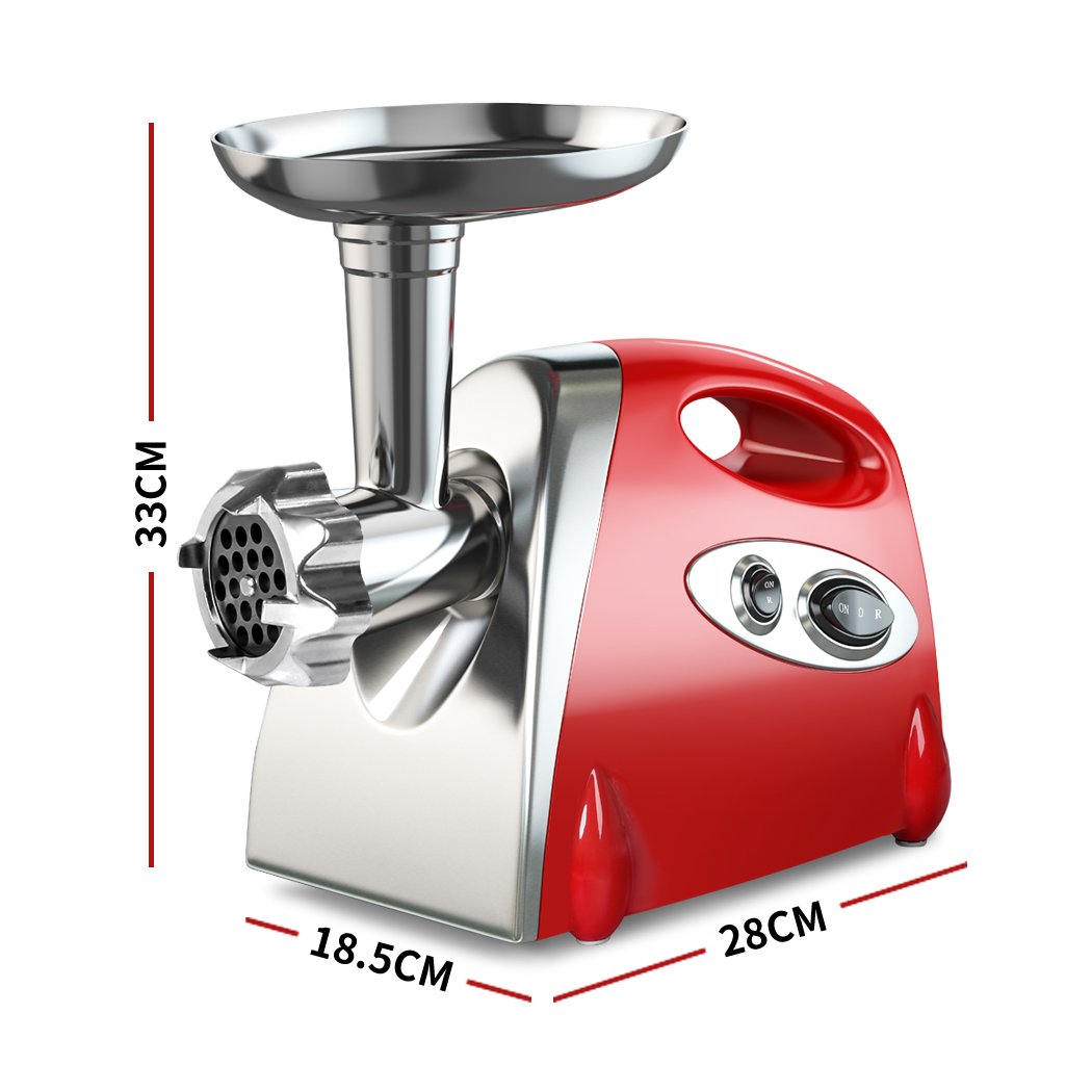 2800W Electric Meat Grinder in red with sausage funnel and kibbe attachment, showcasing its sleek stainless steel design and various components.