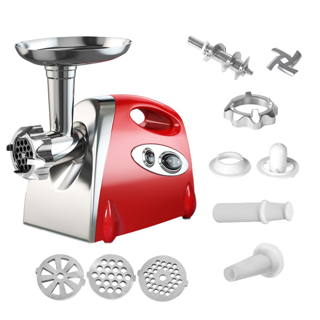 2800W Electric Meat Grinder in red with sausage funnel and kibbe attachment, showcasing its sleek stainless steel design and various components.