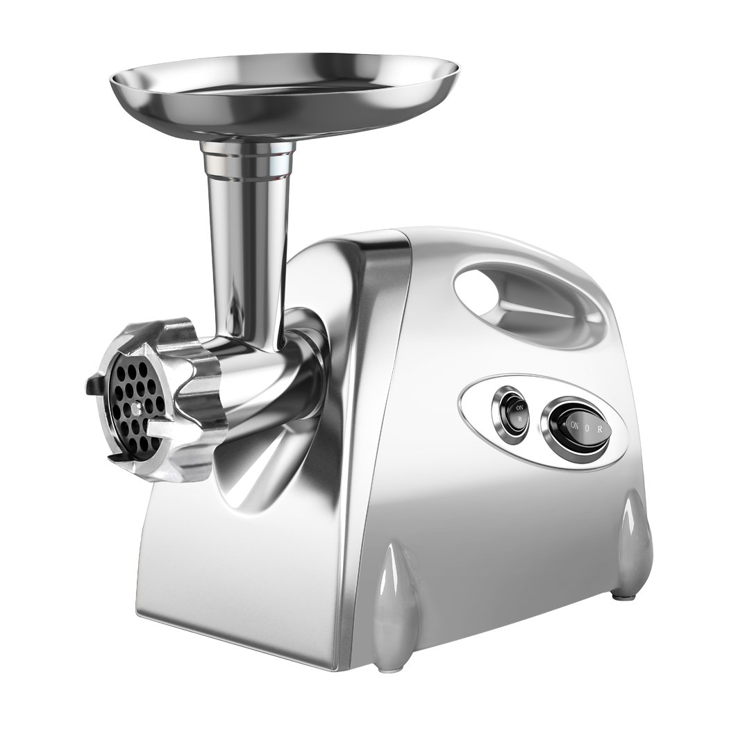 2800W Electric Meat Grinder with sausage funnel and kibbe attachment, showcasing its sleek stainless steel design and various components.