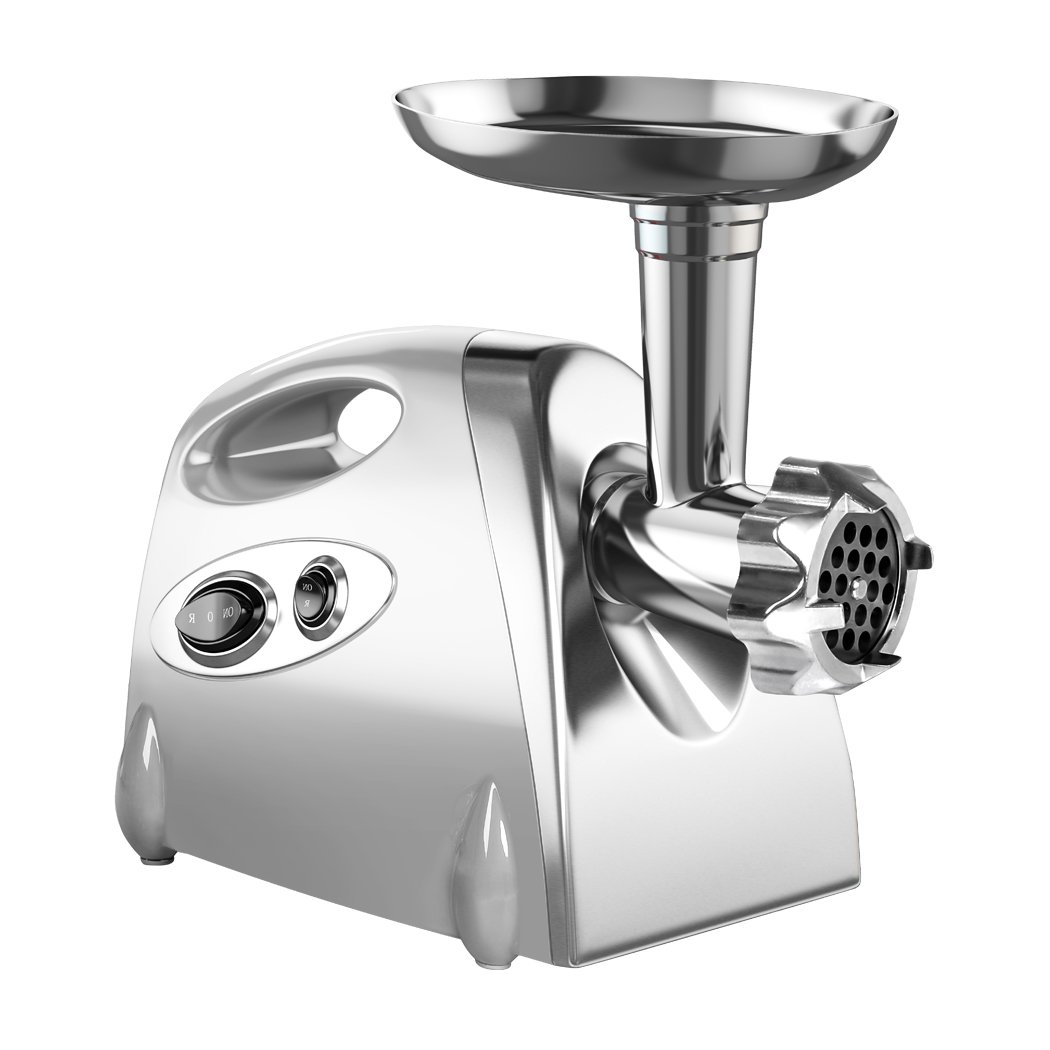 2800W Electric Meat Grinder with sausage funnel and kibbe attachment, showcasing its sleek stainless steel design and various components.